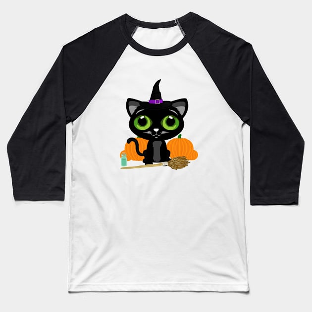 Black Kitten Witch Baseball T-Shirt by adamzworld